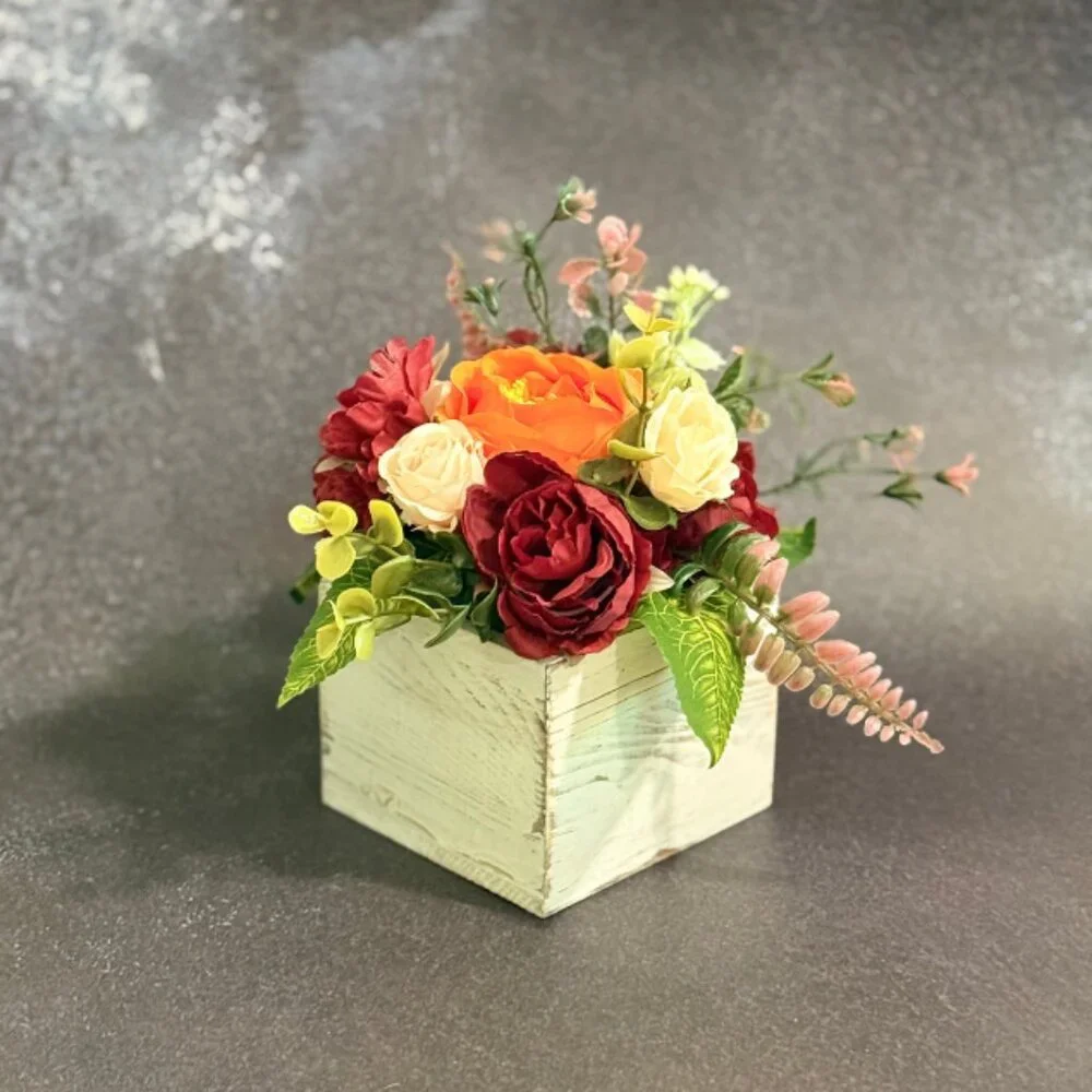 Fall Faux Floral Arrangement in Rustic Wooden Box – Home or Office Decor